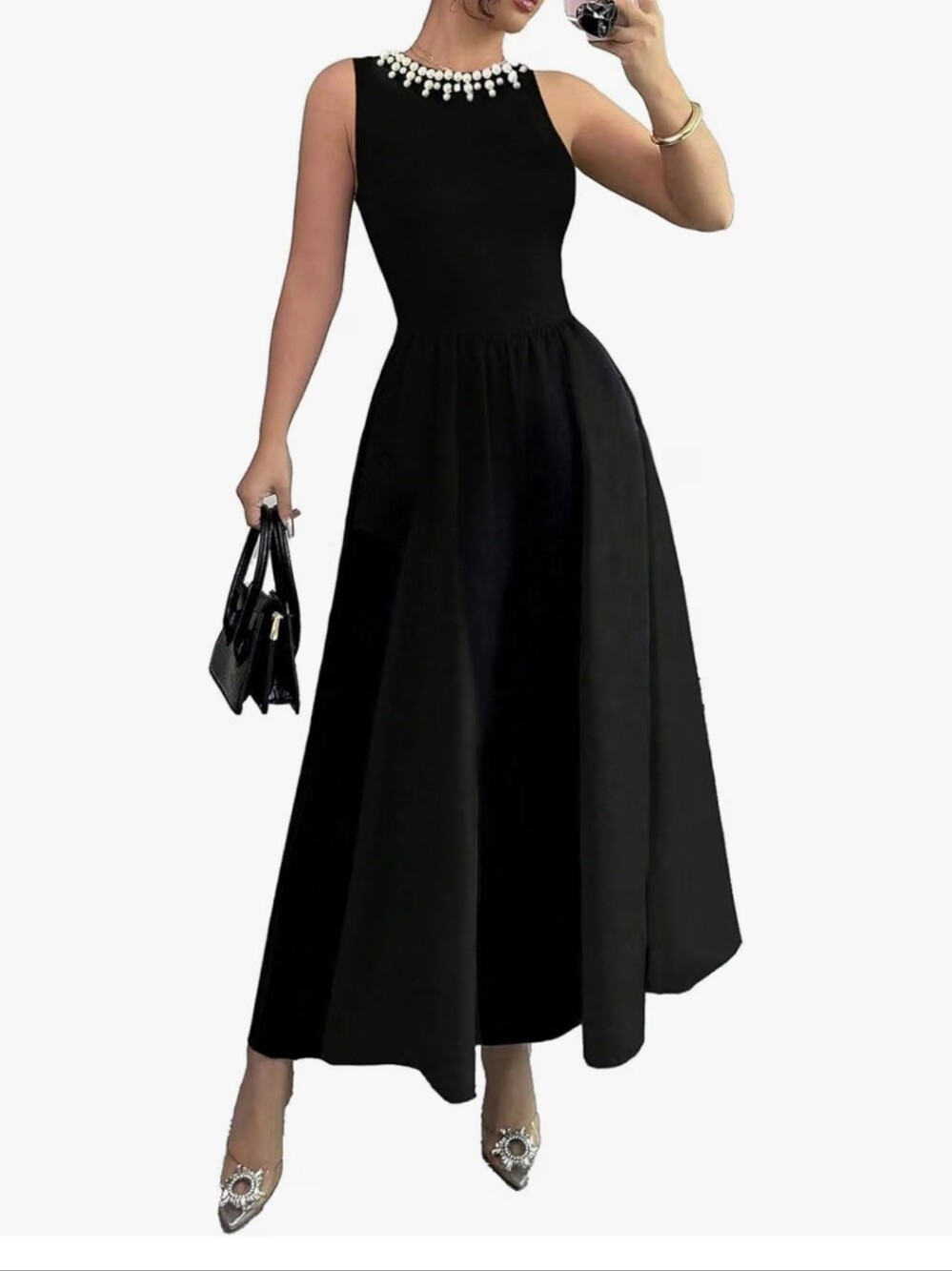 Classic Black Sleeveless Pearl-Neck Maxi Dress